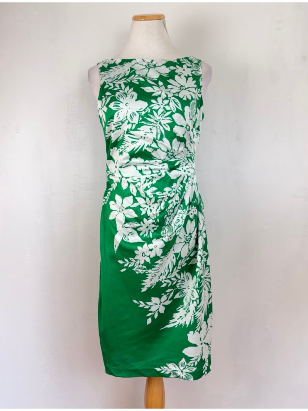 Anne Klein Dress Size 6 Green/White Floral Print Sleeveless 100% Cotton Sheath